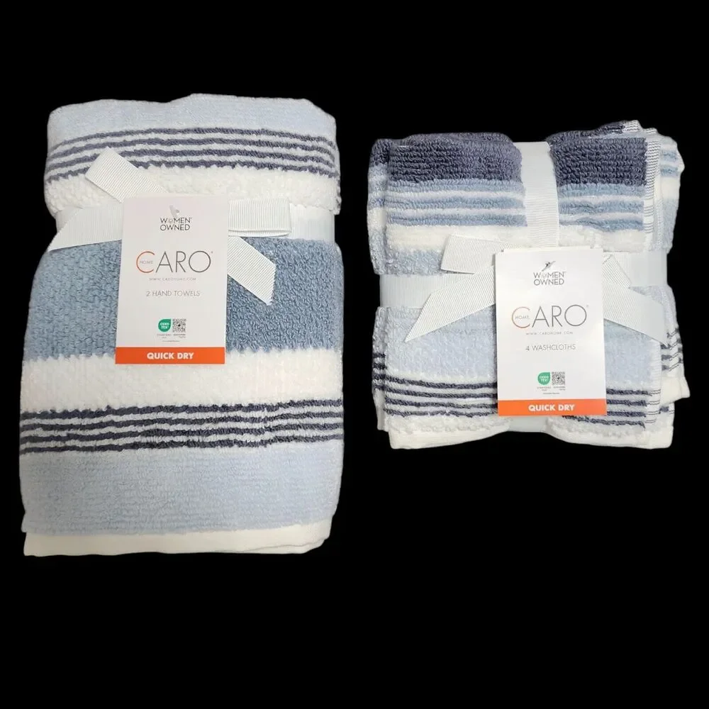 Caro Home 8pc Blue And‎ White Striped Cotton Towel Set 2 Bath 2 Hand 4 Tip NEW